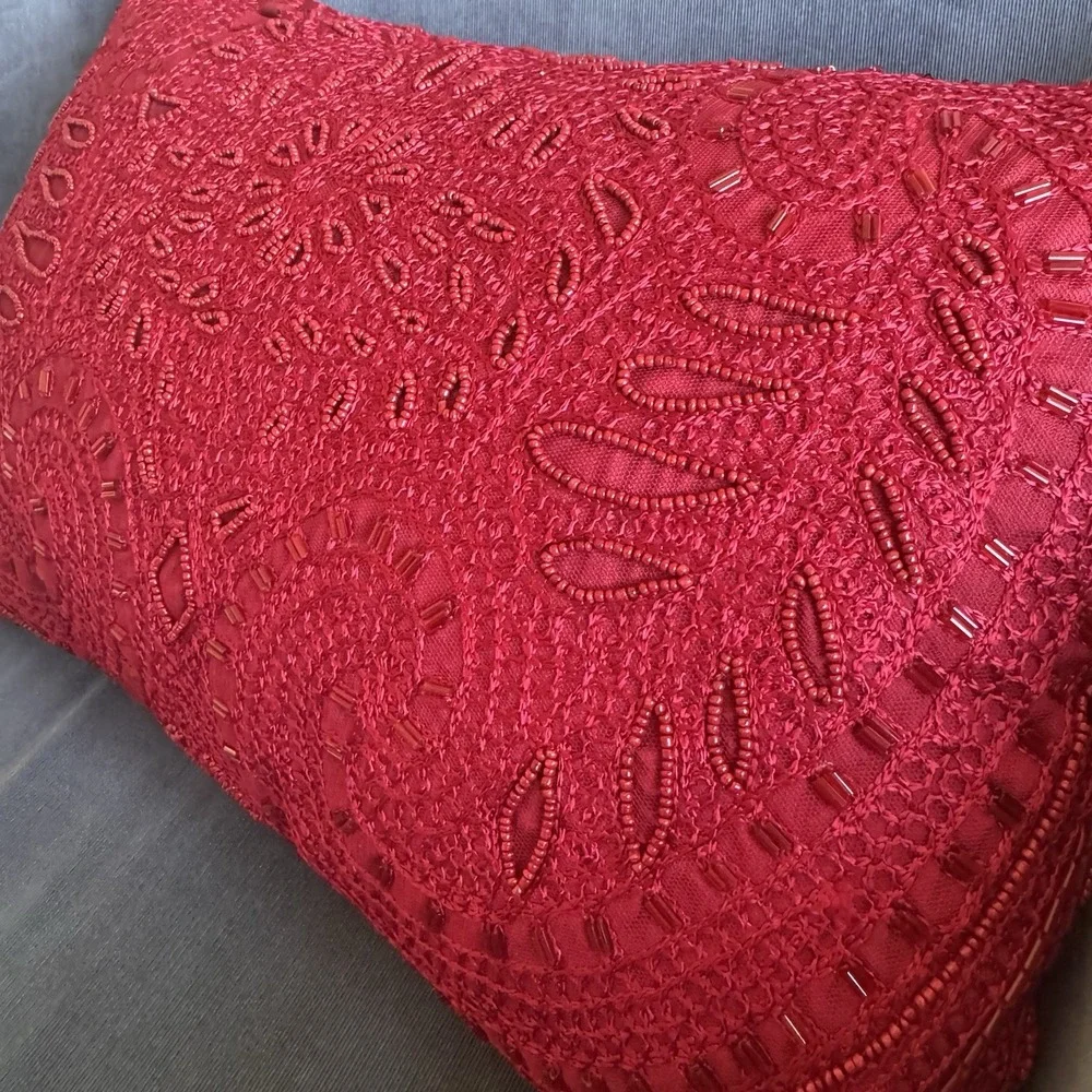 Pier 1 Imports ~ Red Beaded Throw Pillow ~ Rectangular ~ Shiny ~ Lumbar 16
